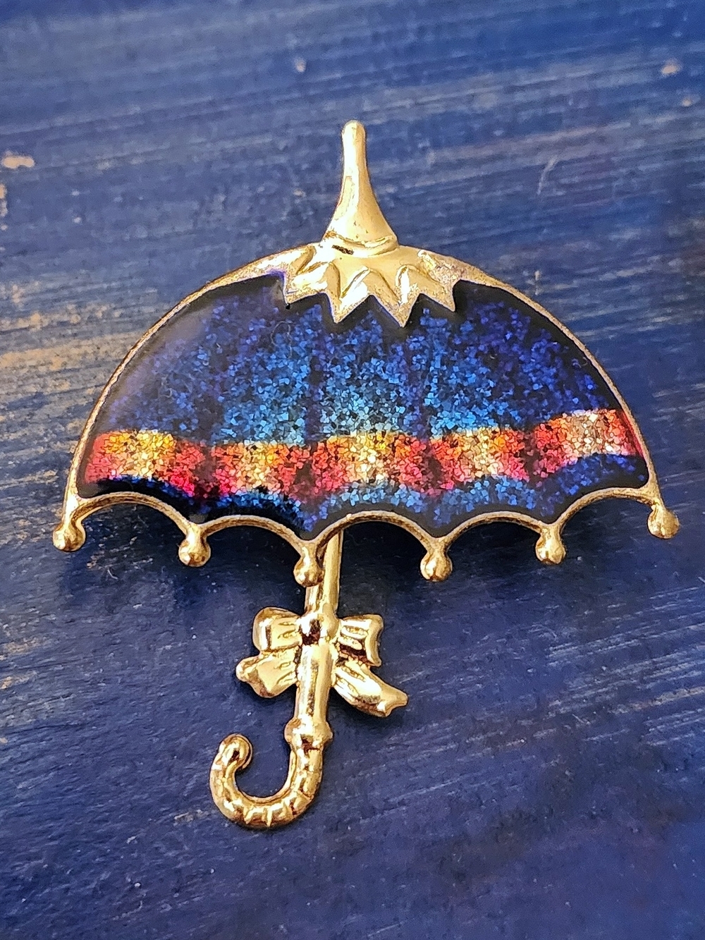 Vintage Gold Umbrella Pin With Blue Iridescent Canopy